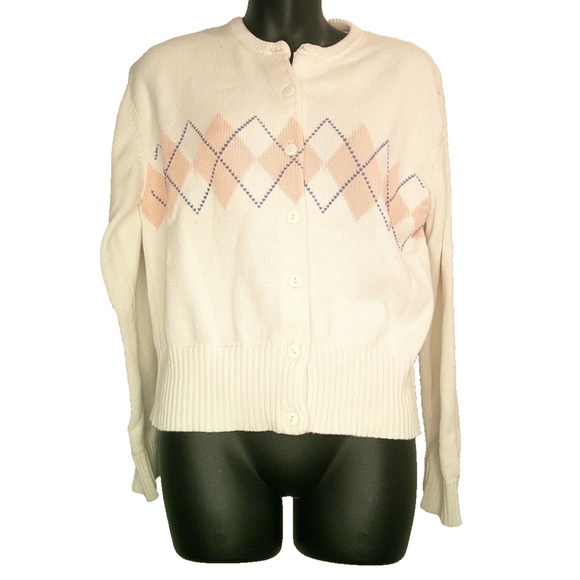 Ann Taylor Vintage Women's Large White Button-down Sweater Cardigan with Argyle - Picture 1 of 7